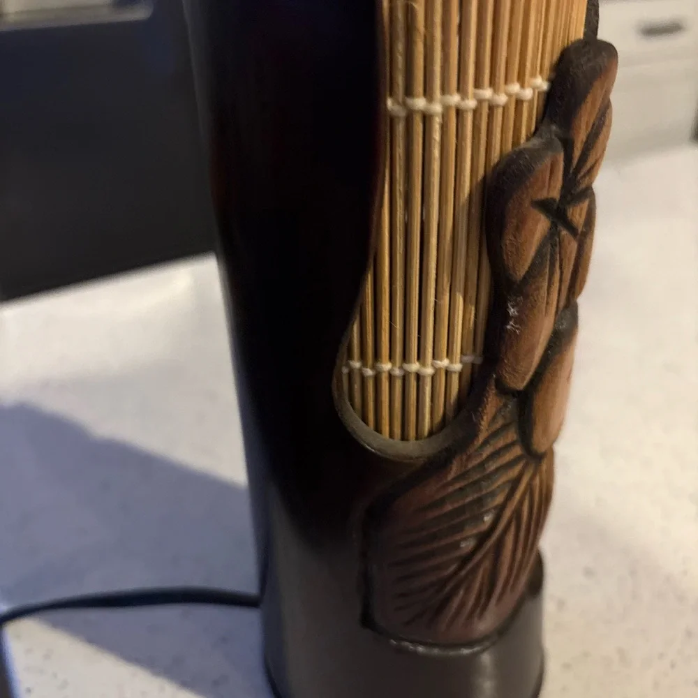Vintage Hand-crafted Mango Wood Bamboo Hibiscus Carved Hawaiian Tiki Bar Lamp
